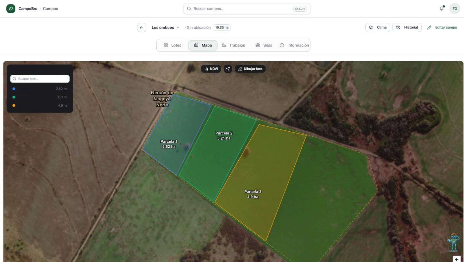 Mapa satelital de un campo en CampoBro con las parcelas delimitadas por colores
